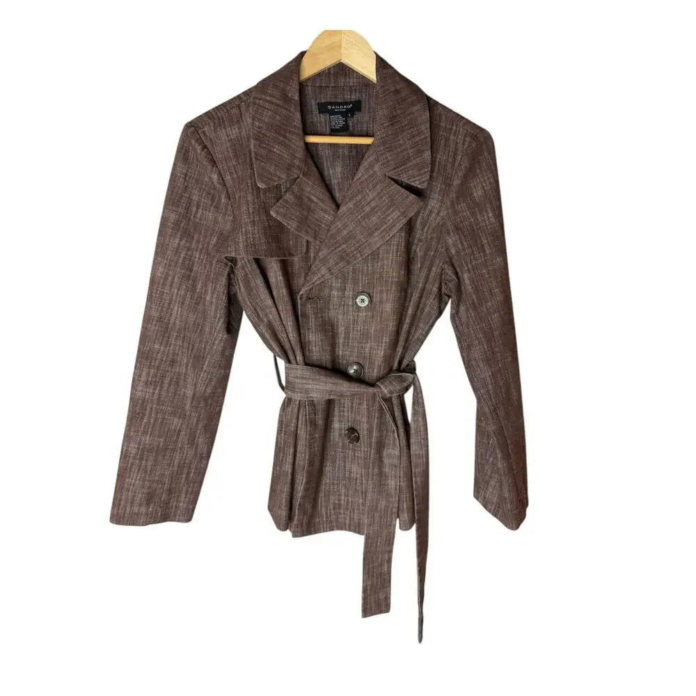 Sandro Sportswear Brown Tie Waist Button Front Belted Jacket Size Large